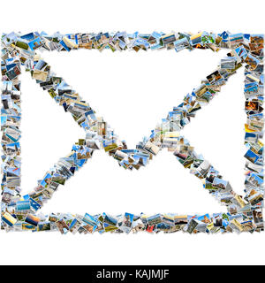Collage photo-mosaïque - comme mail enveloppe composée d'images de voyage isolé sur fond blanc Banque D'Images