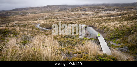 Personne/female hiker reposant sur un pont le long d'un sentier dans le parc national de Tongariro ( île du nord (Nouvelle-Zélande). Banque D'Images