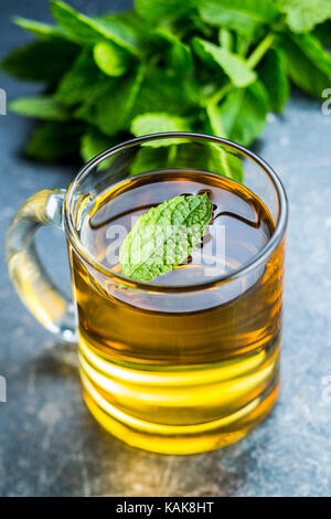 Thé à la menthe délicieux. Les feuilles de menthe et tasse de thé. Banque D'Images