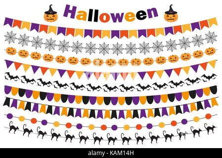 Ensemble d'halloween décorations de fête, drapeaux, banderoles, garland. collection d'éléments pour votre conception. isolé sur fond blanc. vector illustration. Illustration de Vecteur