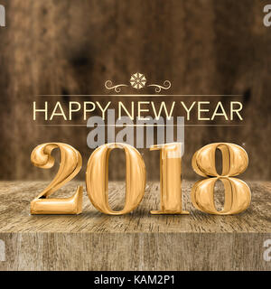 Gold shiny happy new year 2018 au rendu 3D bloc en bois table et mur bois flou,holiday Greeting Card pour les médias sociaux Banque D'Images