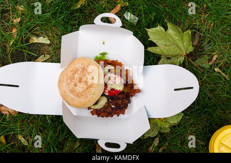 Burger végétarien dans l'emballage. Vue de dessus. L'alimentation de rue sur l'herbe. Banque D'Images