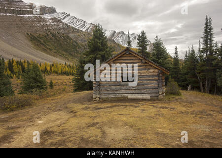 Halfway Hut vintage primitive rustique cabane en bois extérieur à l'automne. Alpine Meadow Clearing Canadian Rocky Mountains Landscape Parc national Banff Banque D'Images