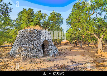 Cabane en pierre sèche avec Dome en bosquet d'oliviers dans le Salento dans les Pouilles en Italie Banque D'Images