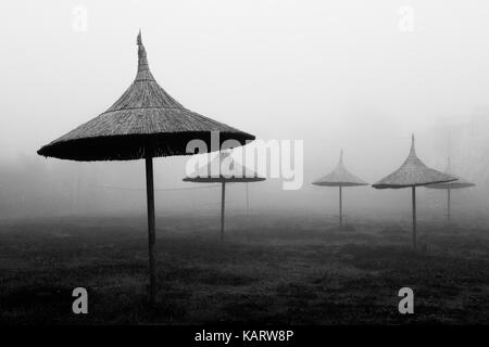 Une plage en hiver, avec parapluie fait de cannes au milieu du brouillard et de la brume Banque D'Images