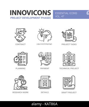 Phases de développement de projet - vecteur essentiel moderne design ligne icons set. contrat, handshake, réflexion, ampoule, tâche, planner, paiement, calculatrice, Illustration de Vecteur