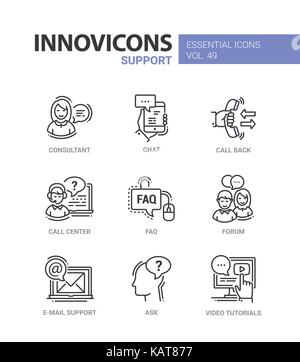 Support technique - vecteur essentiel moderne design ligne icons set. consultant, chat, appareil mobile, la main, souris, faq, téléphone, call center, forum, e-mail Illustration de Vecteur