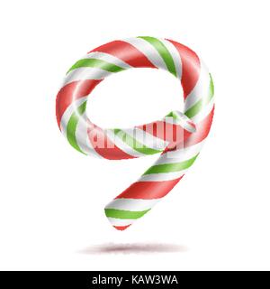 9, numéro 9 vecteur. Numéro 3d signe. figure 9 dans les couleurs de Noël. rouge, blanc, vert menthe Noël classique. à rayures bonbon dur canne. nouvelle année. design illustration isolated on white Illustration de Vecteur