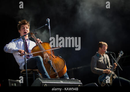 Le groupe de punk rock norvégien Honningbarna donne un concert au festival de musique norvégien Øyafestivalen 2013. Ici, le chanteur Edvard Valberg sur violoncelle est photographié en direct sur scène. Norvège, 09/08 2013. Banque D'Images