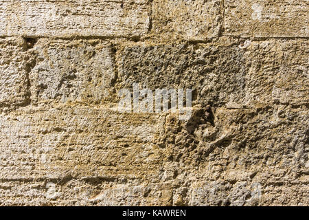 Photo horizontale avec la texture du mur typique en toscane italie. la pierre volcanique utilisée est jaune avec des trous tuf et de bosquets. Banque D'Images