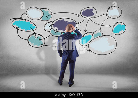 Vue d'un homme d'en face d'un mur à la recherche d'une entreprise au concept d'affaires - Organisation chart Banque D'Images
