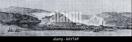 Cette page du livre 'le beau Danube jaune' de Jules Verne présente les illustrations détaillées et le récit liés au célèbre Danube. L’œuvre met en lumière l’exploration littéraire de Verne sur la géographie et la culture de l’Europe. Banque D'Images