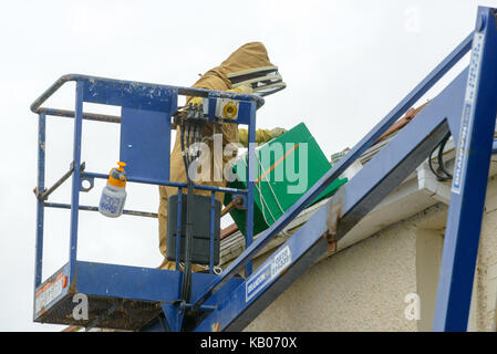 Spécialiste de l'installation d'un antiparasitaire brood fort afin d'encourager une colonie d'abeilles à miel pour passer d'une chambre cheminée. Banque D'Images