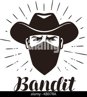 Bandit Bandit en colère, le logo ou l'étiquette. portrait de cowboy dans mask. vector illustration lettrage Illustration de Vecteur