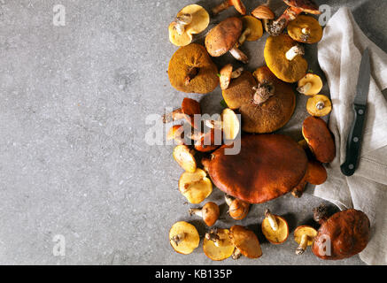 Champignons des bois nettoyage sur une table en pierre gris , couteau et une serviette Banque D'Images