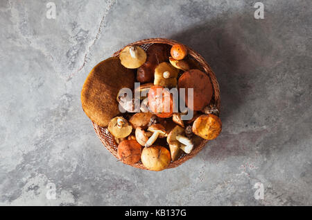 Les champignons sauvages comestibles dans le panier sur la table en pierre grise Banque D'Images