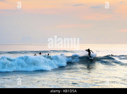 Surfer une vague dans l'océan au coucher du soleil de l'île de Bali. Banque D'Images