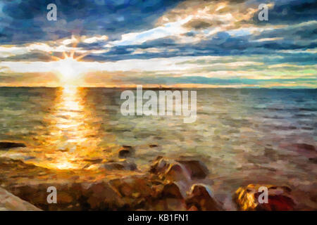 Coucher du soleil sur les rochers de la Méditerranée avec le phare rouge sur une petite île dans l'arrière-plan de Porec, Croatie en Europe Banque D'Images