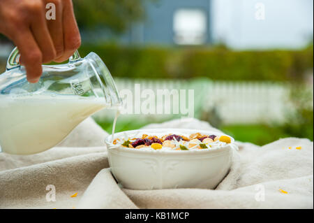 Mettre le lait dans un bol de muesli Banque D'Images