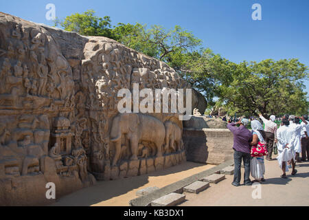 L'Inde, le Tamil Nadu, mamallapuram, mort de l'Arjuna, rock art, bas-relief Banque D'Images