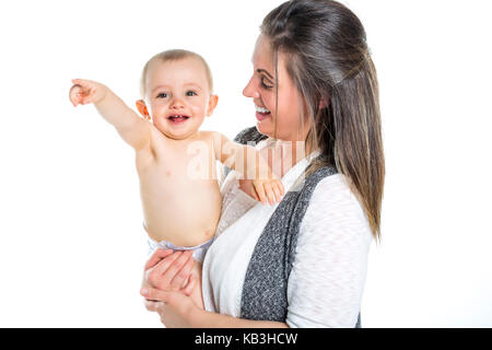 Mère avec son bébé isolé sur fond blanc Banque D'Images