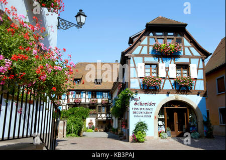 La France, Haut Rhin, Alsace Route des Vins, Eguisheim, étiqueté Les Plus Beaux Villages de France (Les Plus Beaux Villages de France), les maisons à colombages, maison du vigneron Paul Schneider Banque D'Images