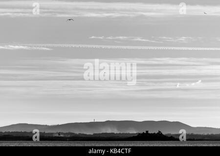 Un lac au crépuscule, avec une ville éloignée dans la brume, les oiseaux voler et belle, tons doux Banque D'Images