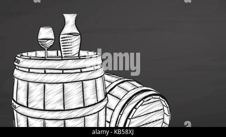 Verre de vin rempli et le baril le tableau. Une alimentation saine à la main en noir et blanc. croquis dessin vectoriel sur tableau noir. Illustration de Vecteur