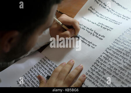 Un calligraphe juif religieux stam écrit des lettres hébraïques sur le parchemin d'une Torah Sefer qui est une copie manuscrite de la Torah, le livre le plus sacré du judaïsme dans une synagogue du quartier juif de la vieille ville de Jérusalem-est d'Israël Banque D'Images