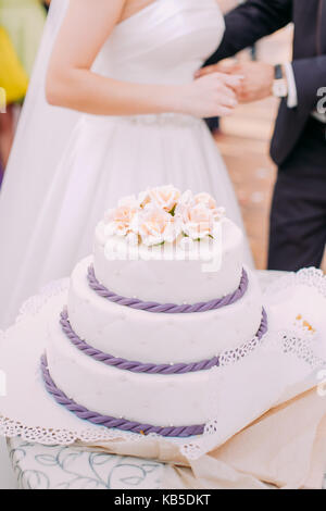 Vue rapprochée de l'énorme gâteau de mariage décoré blanc avec peu de roses. Banque D'Images