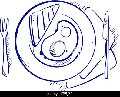 Part a attiré un croquis d'oeufs au plat avec du pain grillé sur une plaque. vector illustration Illustration de Vecteur