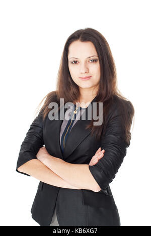 Portrait de belles jeunes smiling businesswoman standing with hands folded contre isolé sur fond blanc Banque D'Images
