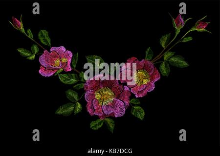 Broderie fleur rose rose briar patch. dogrose wildflower imprimer mode décoration ornement textile sur noir vector illustration Illustration de Vecteur