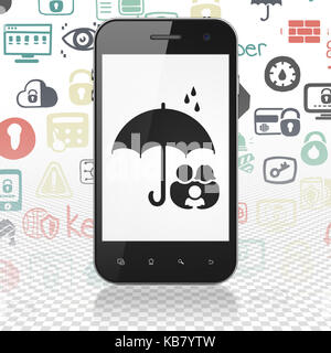 Concept de sécurité : smartphone avec famille et parapluie sur l'affichage Banque D'Images