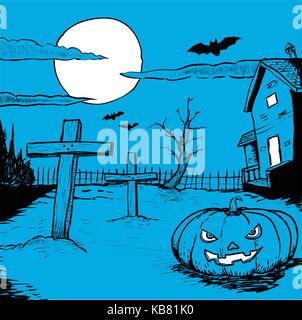 La main de l'halloween, illustration de nuit paysage mystérieux avec cimetière, tête de citrouille, les chauves-souris et la pleine lune Illustration de Vecteur