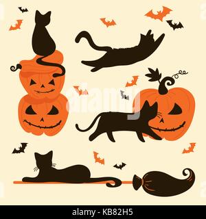 Les chats et les citrouilles halloween trick or treat card. Illustration de Vecteur