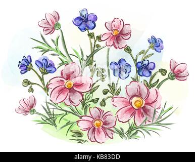 Aquarelle fleurs violettes et pansy et les feuilles on meadow Illustration de Vecteur