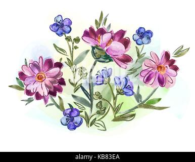 Aquarelle fleurs violettes et pansy et les feuilles on meadow Illustration de Vecteur