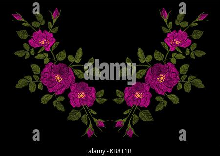 Broderie fleur rose rose briar patch. dogrose wildflower imprimer mode décoration ornement textile sur noir vector illustration Illustration de Vecteur