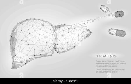 La régénération du foie humain carie traitement organe interne faible triangle blanc points connectés poly. modèle 3D technologie gris capsule médicaments médicaments tablette vector illustration Illustration de Vecteur