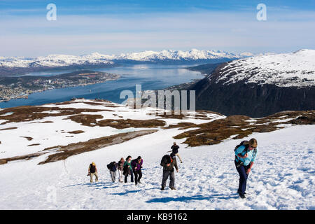 Les randonneurs randonnées dans la neige sur le mont Storsteinen en été. Tromso, Troms, Norvège, Scandinavie Banque D'Images