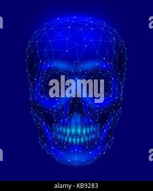 Les os du crâne effrayant. tête d'homme yeux nez mâchoire dent. low poly points connectés géométrique Conception de technologie future triangle bleu fond vector illustration médecine Illustration de Vecteur