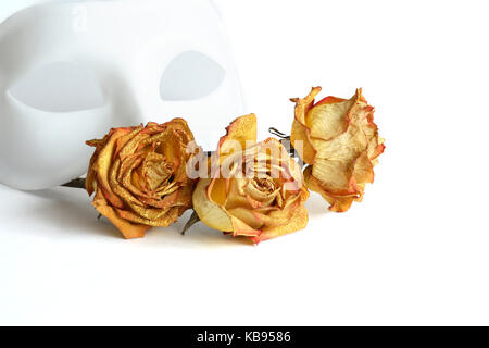 Masque de Venise et sec des roses jaunes sur fond blanc Banque D'Images