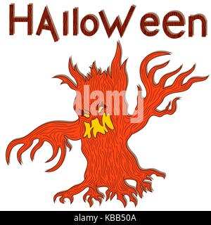 Agressif Halloween arbre tordu avec des branches comme les mains, les éléments de conception de scénario de bande dessinée en rouge et jaune Illustration de Vecteur