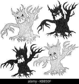 Cartoon Halloween quatre arbres tordus agressif le mal dans les grandes lignes et pochoir dessins vectoriels Illustration de Vecteur