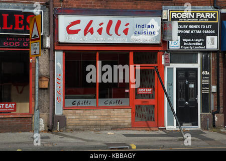 Cuisine indienne Chili Vente à emporter à Leigh, England, UK Banque D'Images