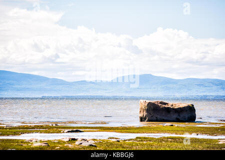 Saint Lawrence River beach, à Kamouraska, Québec, Canada avec de l'herbe, l'eau peu profonde et les flaques, et les grands blocs de roche Banque D'Images