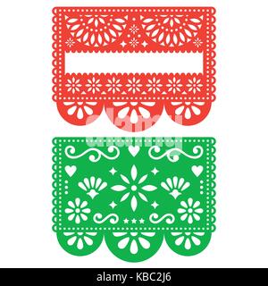 Mexican papel picado modèle vector set design, papier découpé décorations de fleurs et de formes géométriques, deux bannières parti Illustration de Vecteur