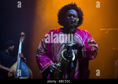 Le saxophoniste américain et musicien de jazz kamasi washington effectue un concert live at the Spanish music festival Primavera Sound 2016 à Barcelone. En Espagne, 02/06 2016. Banque D'Images