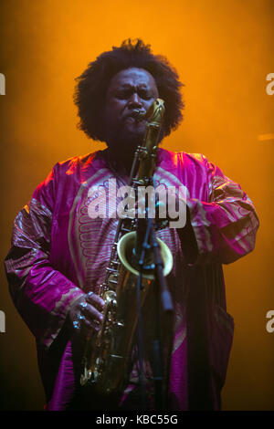 Le saxophoniste américain et musicien de jazz kamasi washington effectue un concert live at the Spanish music festival Primavera Sound 2016 à Barcelone. En Espagne, 02/06 2016. Banque D'Images